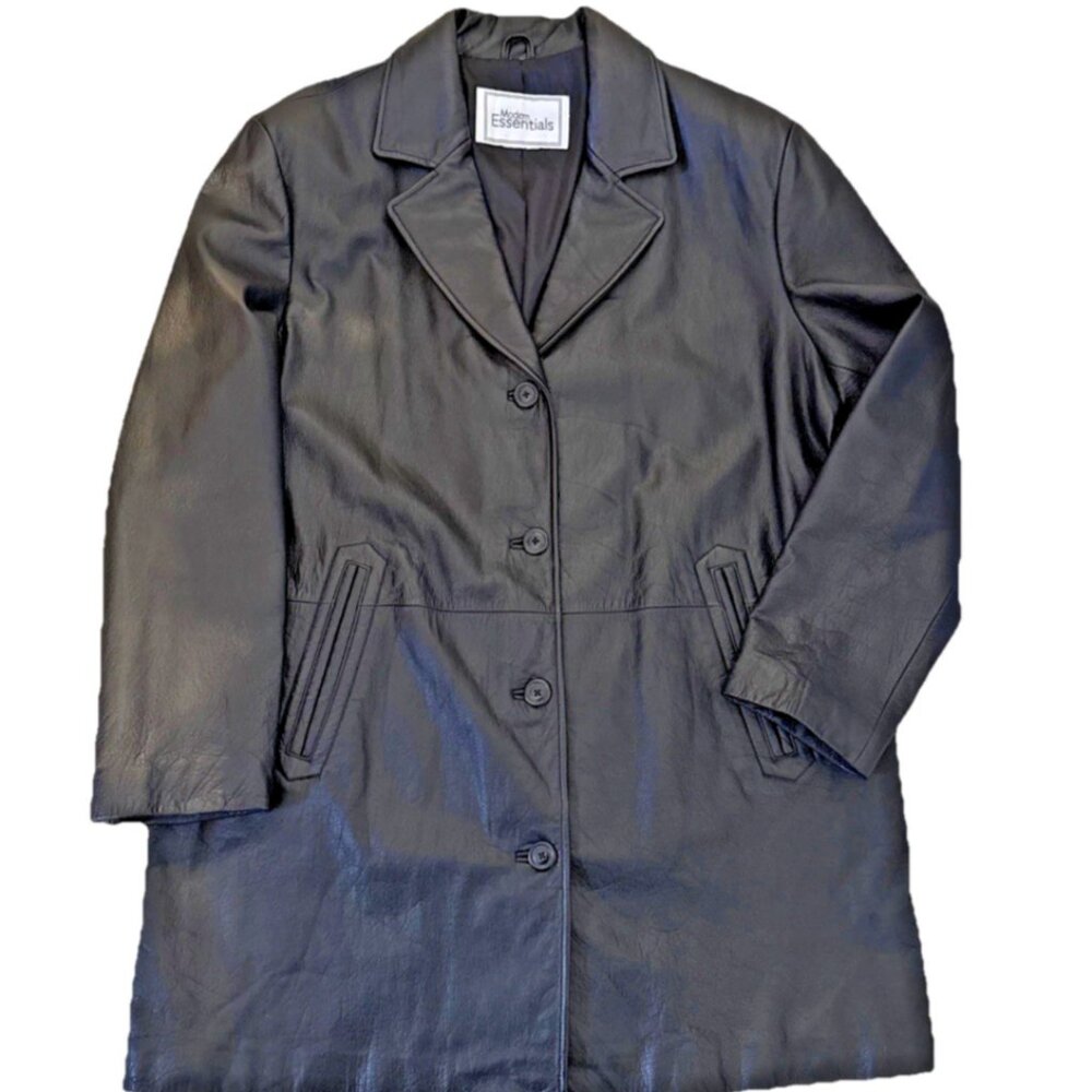 Women Leather Jacket Pockets Black  X-Large Modern Essentials Coat Trench Jacket